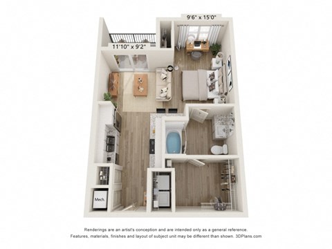 Floor plan for studio, 1 bath, 625 sqft